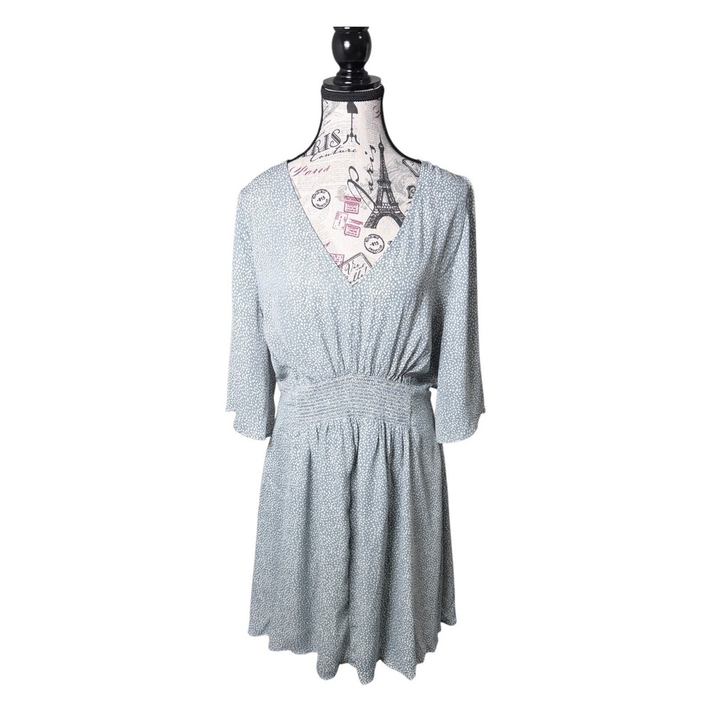 Promesa Mini Dress Women's XL Blue White Micro Dot Smocked Waist V-Neck